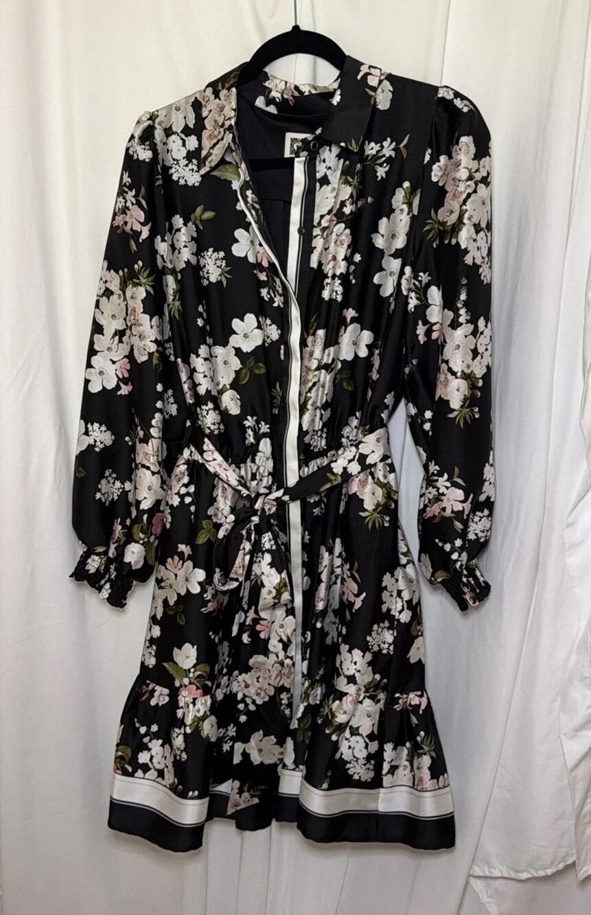Anne Klein Women 12 Black Floral Shirt Dress Long Sleeve Belted Ruffle Hem